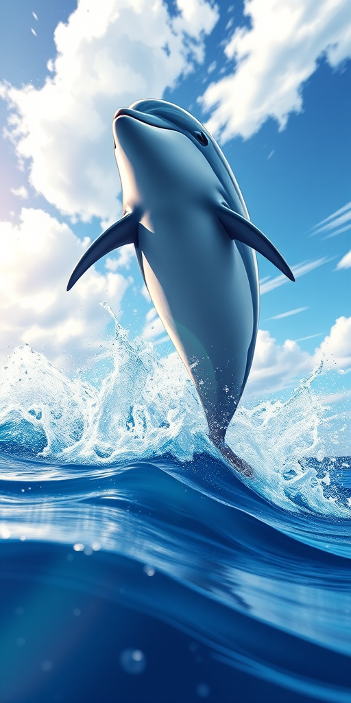 Create a high-resolution digital illustration of a dolphin leaping out of the ocean, shot with a DSLR camera at f/8 aperture, 1/1000 shutter speed, and ISO 400, using a wide-angle lens for an expansive view, with vibrant colors and dynamic movement captured in a realistic style.
