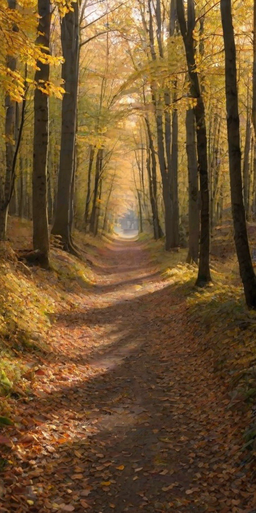 Sharp, high-resolution photo of a forest path covered in fallen autumn leaves, soft golden light streaming through the trees, distant mountains peeking through the foliage, and the feeling of crisp air and serenity.