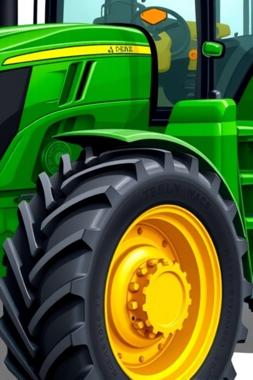Create a highly detailed digital illustration of a green tractor with yellow wheels, using a high-resolution setting of 300 DPI, a macro lens view for close-up details, and a vibrant color palette to enhance realism.