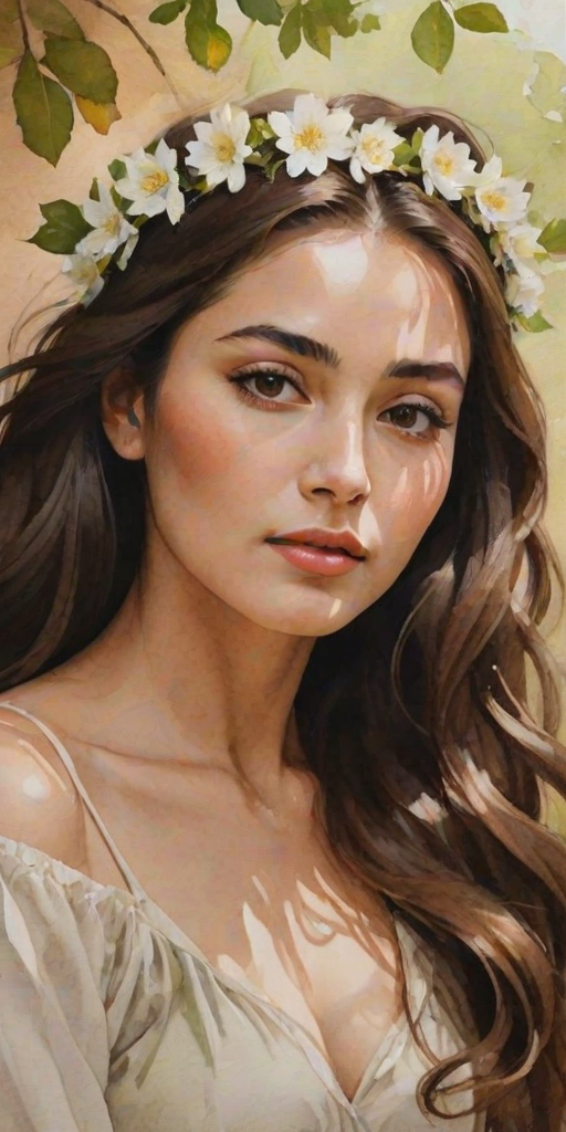 create a watercolor painting of an ethereal portrait of beautiful Tajik woman with a simple white flower crown on her head. Her hair is long and she is lying on the ground. The sunlight on the trees casts shadows from the leaves on her face and body. The background is a neutral brown color that matches her skin tone. The image is minimalist and solid colors. This style is characterized by soft, delicate brushstrokes and a light, airy, contrasting color palette. High level of detail and play of light
