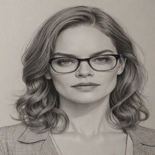 Beauteous Ruth Wilson, pencil sketch, portrait of Superb woman 1975s in glasses, hair style beatnik, outline, clear lines, fine lines, 8k