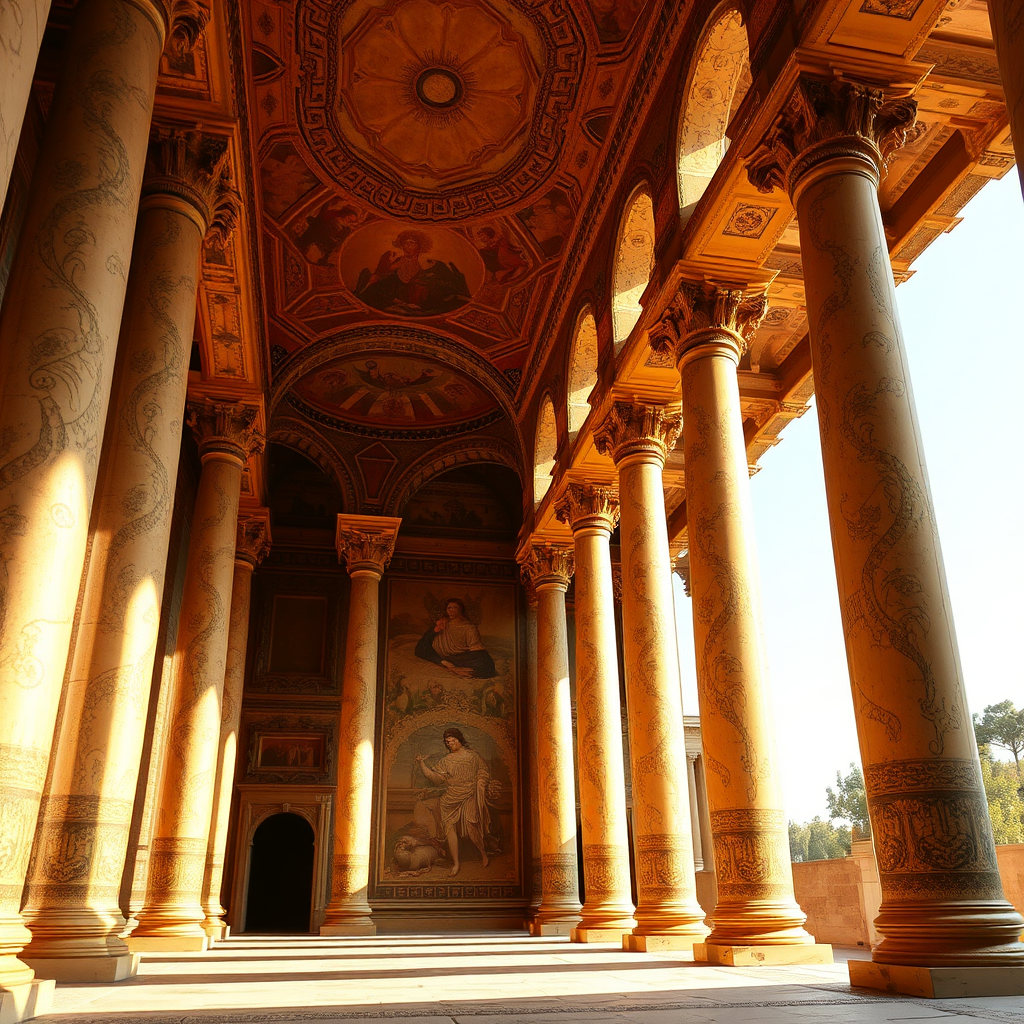 The interior is bathed in a warm, golden light, casting elongated shadows that enhance the grandeur and majesty of the structures. The columns and walls are adorned with intricate, swirling patterns and what appear to be ancient, faded frescoes or murals"