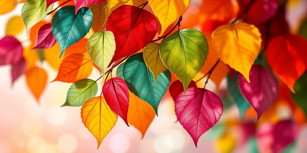 Generate a vibrant digital illustration of colorful leaves in various shapes, with a bright background of abstract circles and dots, captured with a digital camera using a 50mm lens at f/2.8, ISO 100, and a shallow depth of field to enhance detail and color saturation.
