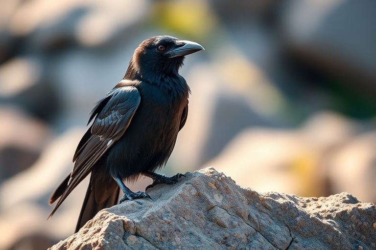 A highly detailed close-up of a raven perched on a rock, with a shallow depth of field, natural sunlight, using a DSLR camera, f/2.8 aperture, ISO 100, 50mm lens, capturing vibrant colors and sharp textures.