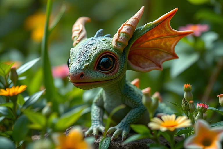 Create a highly detailed fantasy creature resembling a small, leafy dragon with large ears and expressive eyes, sitting amidst lush green foliage and colorful flowers, captured with a DSLR camera at f/1.8 aperture, ISO 100, 50mm lens, in soft natural light with a shallow depth of field for a dreamy background effect.