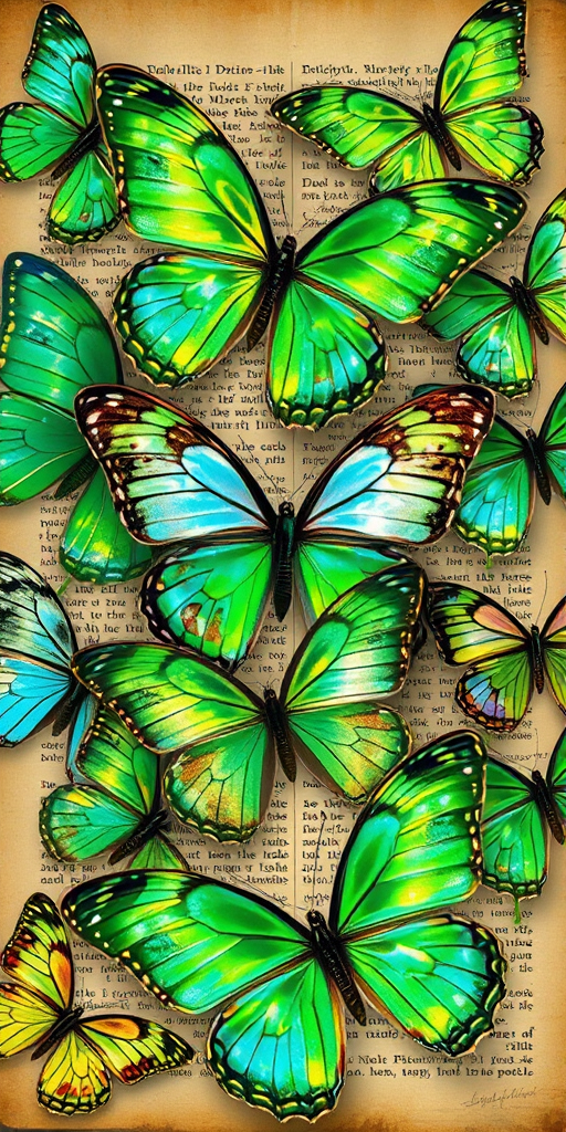 Create a visually captivating collage of various butterflies with iridescent wings. Incorporate shades of green and hints of other pastel colors. Arrange the butterflies in a dynamic and artistic manner, blending them with vintage book pages or textured backgrounds to enhance the overall aesthetic. Ensure the butterflies appear delicate and detailed, showcasing their unique patterns and shimmering effects.