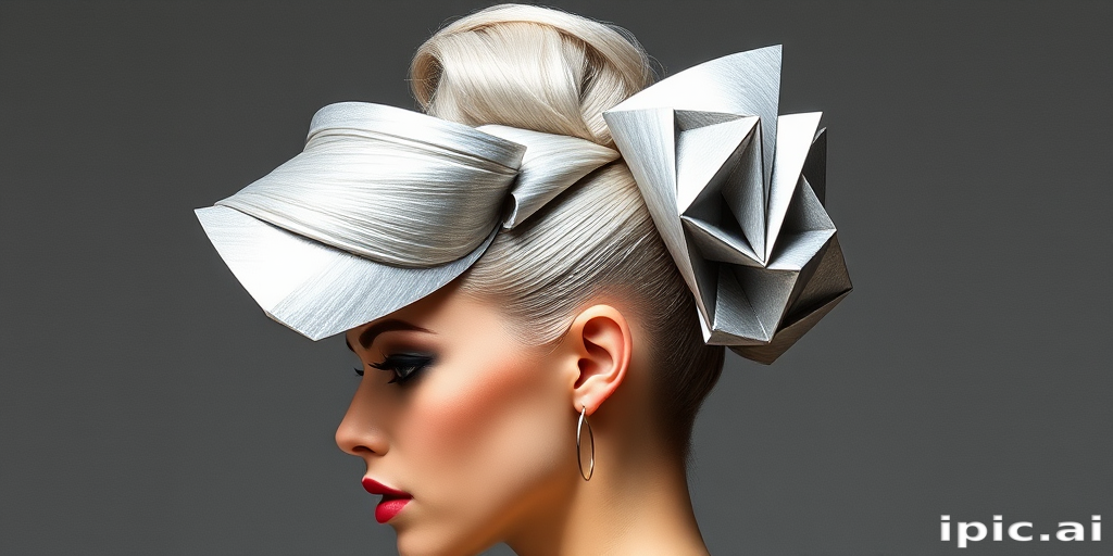 Avant-garde model showcasing an architectural updo with geometric shapes and angles, colored in a striking metallic silver