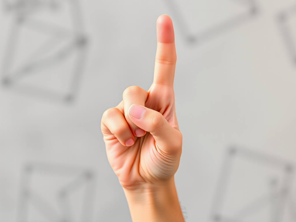 Generate a high-quality vector image of a raised index finger hand gesture, using a DSLR camera with a focal length of 50mm, aperture set at f/2.8, ISO 100, shot from a top-down view, using a soft natural light for enhanced clarity and smooth gradients.