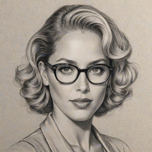 Dazzling Elizabeth Berkley, pencil sketch, portrait of Superb woman 1935s in glasses, hair style beatnik, outline, clear lines, fine lines, 8k