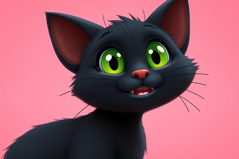 Create a high-resolution image of a cartoonish black cat with bright green eyes and a playful expression, with a smooth pink background, using a DSLR camera with a 50mm lens, aperture set to f/2.8 for a shallow depth of field, and a soft lighting setup for enhanced contrast and detail.