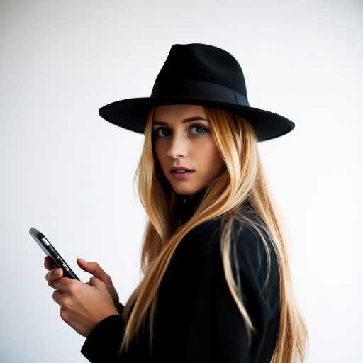 Regenerate a stylish portrait of a woman with long blonde hair, wearing a black hat, holding a phone, in a minimalistic background; settings: ISO 100, aperture f/2.8, shutter speed 1/125s, camera view: close-up, camera style: soft focus, camera type: digital DSLR.