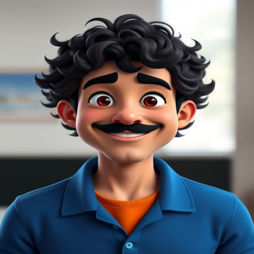 Generate a high-quality 3D cartoon character portrait of a smiling man with dark curly hair and a mustache, wearing a blue polo shirt with an orange undershirt, using a DSLR camera with a 50mm lens, f/1.8 aperture, ISO 100, and a soft-focus background for depth.