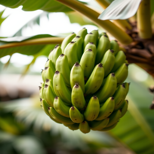 Capture a close-up shot of a cluster of green bananas hanging on a tropical plant, with a shallow depth of field, using a DSLR camera at f/2.8, ISO 100, 50mm lens, natural light, with a soft focus background for enhanced image quality.