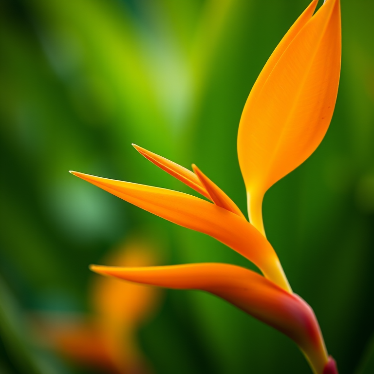 A close-up of a vibrant orange heliconia flower against a blurred green background, captured with a Canon EOS 5D Mark IV, f/2.8 aperture, 50mm lens, ISO 200, natural lighting to enhance colors and details.