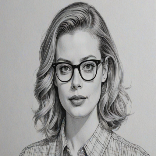 Gorgeous Gillian Jacobs, pencil sketch, portrait of Splendid woman 1945s in glasses, hair style beatnik, outline, clear lines, fine lines, 8k