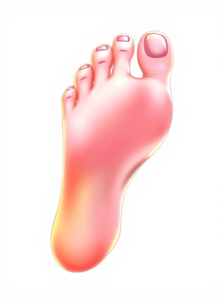 Create a high-resolution illustration of a human foot in profile view, focusing on the details of each toe and the foot arch, using a digital drawing style with smooth gradients and vibrant colors, simulate a soft light effect, and ensure a clean, minimal background for emphasis.