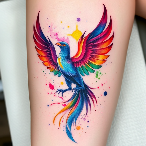 Watercolor splash tattoo named "Prismatic Phoenix" depicting a majestic bird rising from ashes with vibrant rainbow hues blending seamlessly and subtle white ink accents