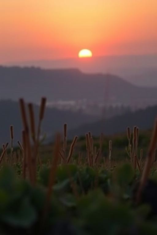 Capture a high-resolution image of a serene landscape at sunrise with soft, warm light, using a DSLR camera with a 50mm lens, aperture set to f/1.8 for a shallow depth of field, ISO 200 for minimal noise, and a shutter speed of 1/200 seconds, taken from a low angle to emphasize foreground elements and create a sense of depth.