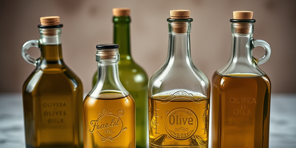 four vintage olive oil bottles arranged artistically, soft lighting to enhance the glass texture, camera settings: f/4.0, ISO 100, shutter speed 1/125s, camera view: close-up, camera style: still life photography, camera type: DSLR