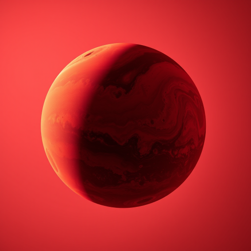 Create a vibrant depiction of a red planet with swirling textures and prominent craters, captured with a 50mm lens at f/8, in a high-definition DSLR format, taken from a low-angle view to emphasize its surface details against a subtle gradient background.