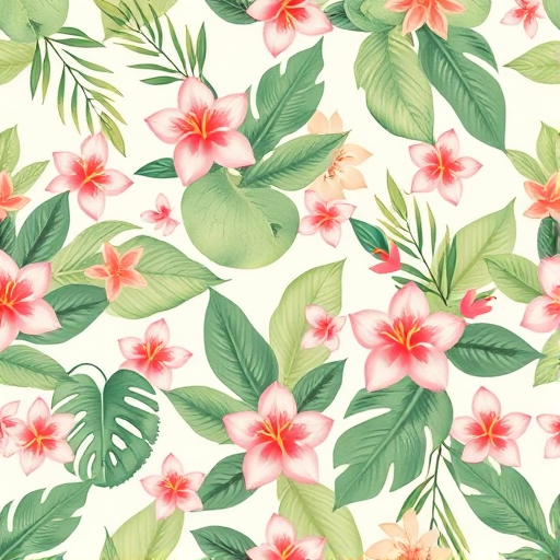 create a seamless pattern featuring tropical leaves and flowers in soft pastel colors on a light background