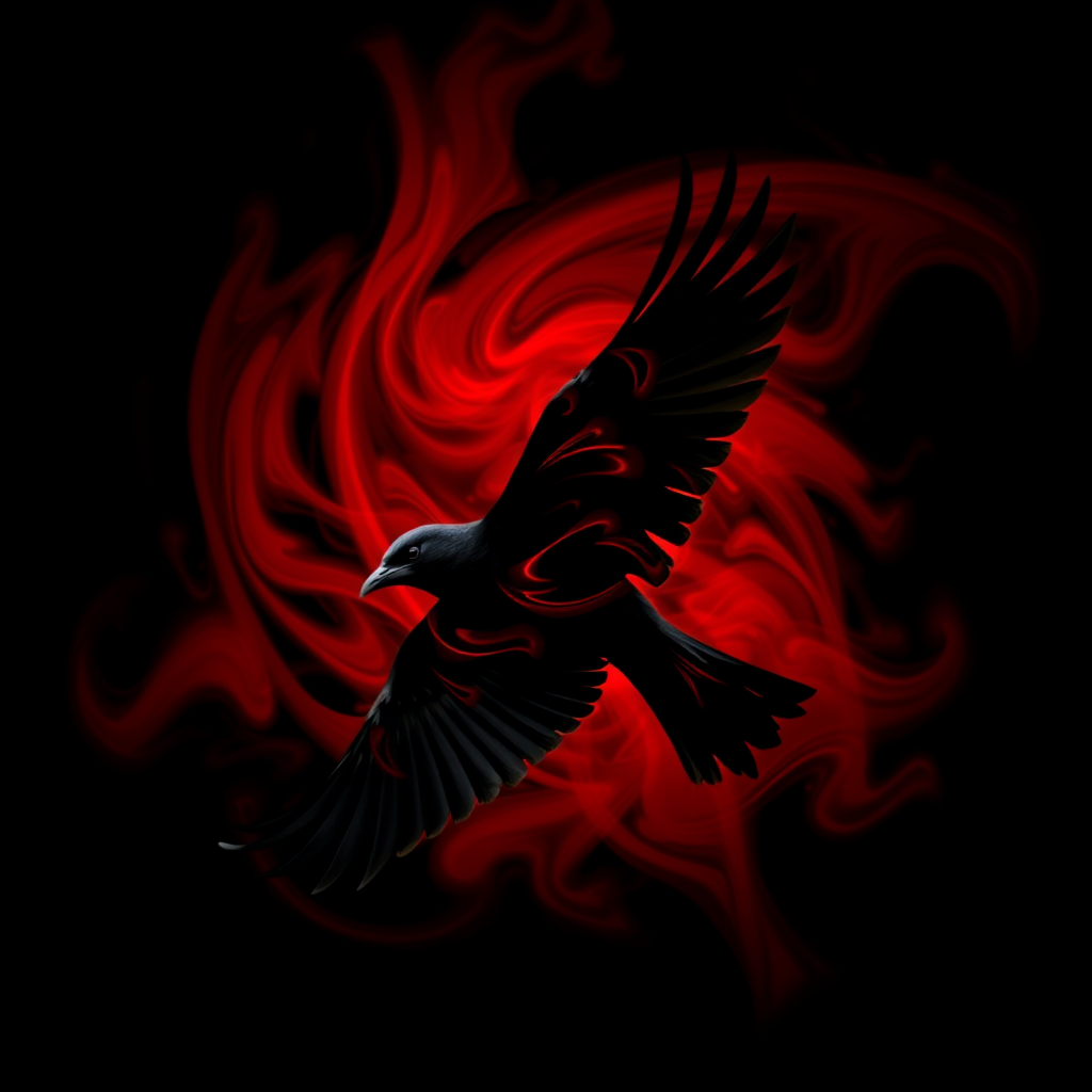 Create an abstract representation of a black bird in flight with swirling red patterns in the background, shot with a DSLR camera at f/2.8, ISO 100, 50mm lens, in a low-light setting to enhance the color contrast and texture.