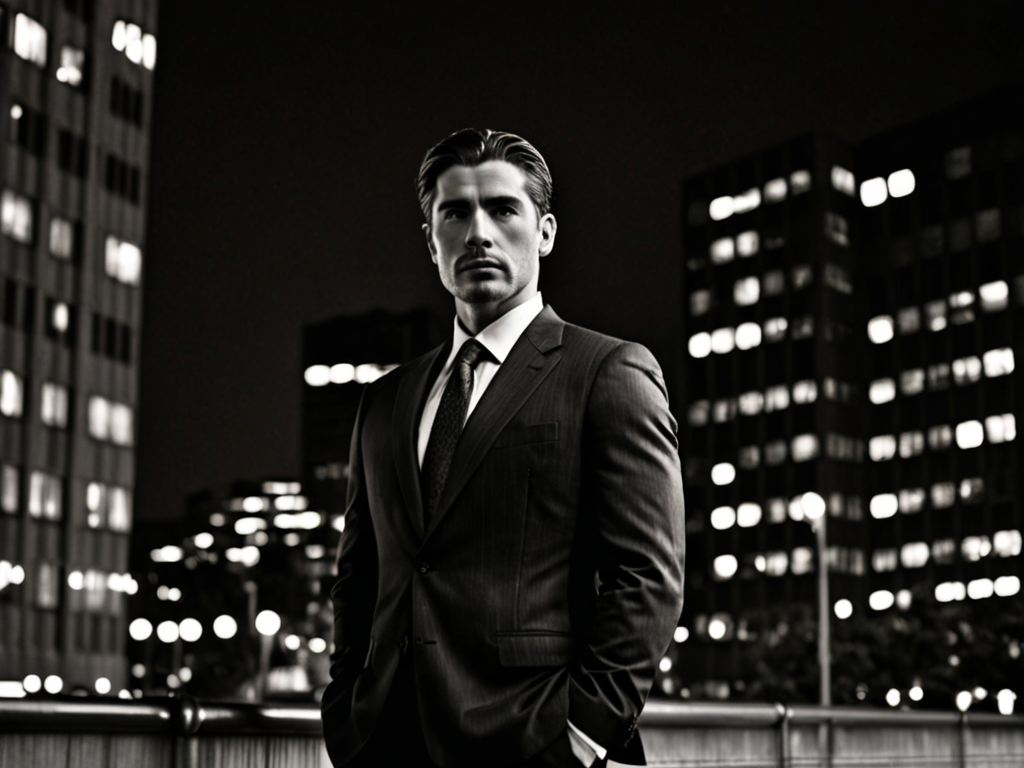 A black and white photograph capturing a man in a tailored suit ...
