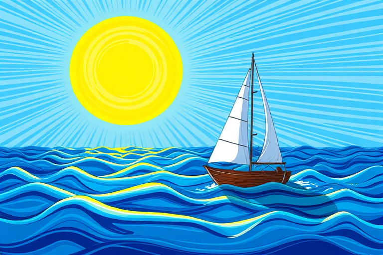 Create a vibrant illustration of a sailboat on wavy blue water under a bright yellow sun with swirls, using a digital drawing style with high resolution at 300 DPI, shot from a slightly elevated angle to capture the details, using a simulated clean lens effect to enhance clarity and color contrast.