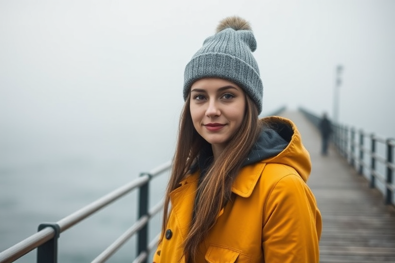 Regenerate the image of a young woman wearing a yellow coat and a gray beanie on a foggy pier, using a Canon EOS R5 camera with a 50mm lens, aperture f/1.8, ISO 200, shutter speed 1/200s, portrait view, shallow depth of field for a soft background.