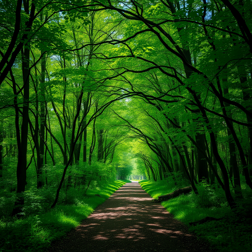 A tranquil forest path surrounded by lush greenery, captured with a Canon EOS R5, 50mm f/1.2 lens, aperture f/4, ISO 100, 1/125s, shot from a low angle to emphasize the trees arching overhead, using natural lighting to enhance the vibrant colors and details.