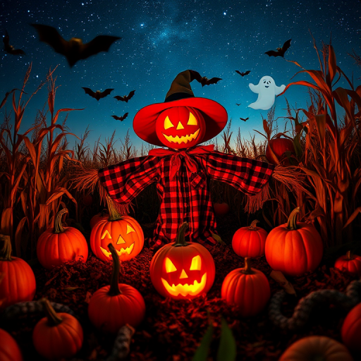 Create a vibrant and spooky Halloween scene featuring a scarecrow with a jack-o'-lantern head surrounded by glowing pumpkins in a cornfield under a starry night sky with bats and a ghost, using a wide-angle lens at f/8, ISO 200, 1/60 second shutter speed, shot from a low angle for emphasis on the pumpkins and scarecrow, while capturing all details in high dynamic range.