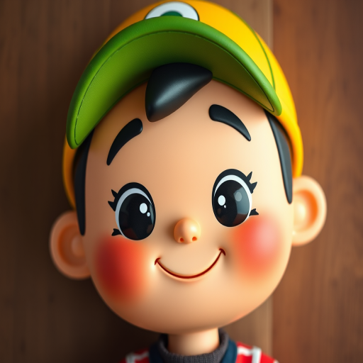 Create a cartoon character with a cheerful expression, wearing a yellow and green hat and a red striped shirt, shot with a DSLR camera at f/2.8, ISO 100, 50mm lens for vibrant colors and shallow depth of field, using a flat lay perspective to enhance the character's features and details.