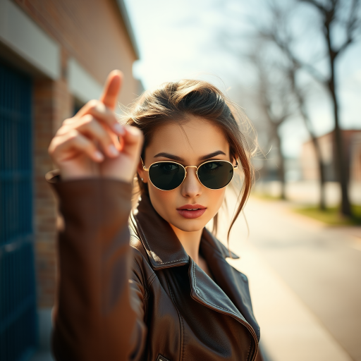 Outdoor shot, stunning female model, vintage leather jacket, sunglasses, cinematic effect, Position the camera at the model’s eye level using a 35mm f/1.4 lens