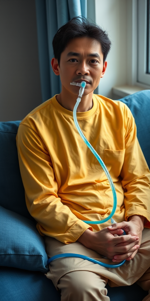 A person sitting on a blue couch connected to an oxygen tank, wearing a yellow shirt, hands clasped, calm expression, soft lighting, shot with a Canon EOS R5, 50mm lens, f/1.8 aperture, 1/60 shutter speed, ISO 200, natural daylight from a window.