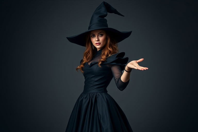 Regenerate the image of a female character dressed as a witch with a dramatic black gown and a wide-brimmed hat, standing gracefully with one hand extended; camera settings: ISO 100, f/2.8, shutter speed 1/60s; camera view: medium shot; camera style: portrait; camera type: digital DSLR.