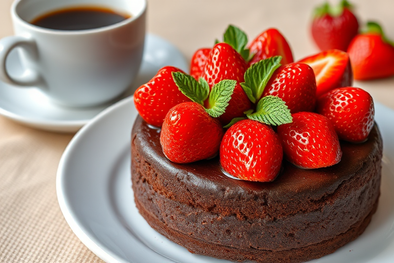Chocolate cake topped with fresh strawberries and mint leaves served on a white plate with a cup of coffee in the background on a textured tablecloth.