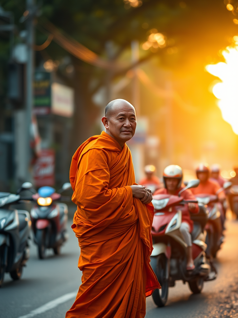 A monk in orange robes walking along a busy street with motorcycles, captured during the golden hour, using a Canon EOS R5 with a 50mm f/1.2 lens, aperture f/2.8, ISO 200, shutter speed 1/200s, shallow depth of field to blur the background.