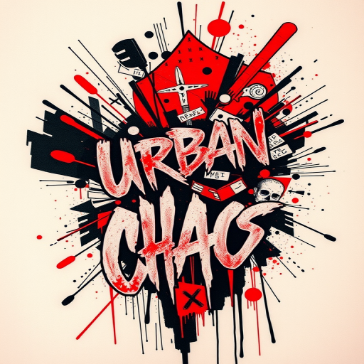 Striking trash polka tattoo dubbed "Urban Chaos" combining bold red and black elements with abstract shapes chaotic lettering and photorealistic imagery to create a dynamic and edgy composition