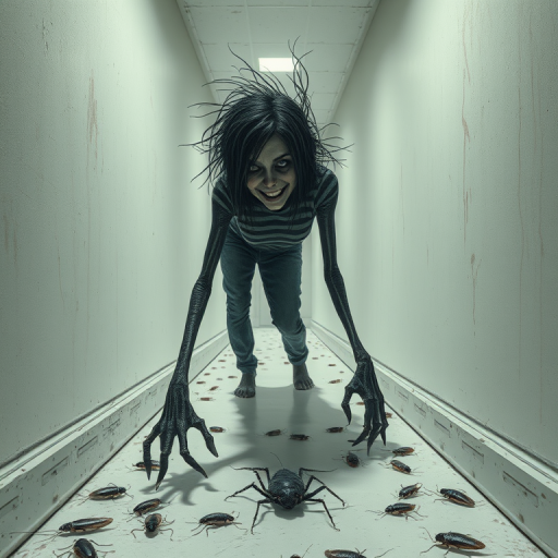 a crooked female with long arms and a creepy smile is crawling along a long white corridor and you can also see cockroaches in it there is a creepy atmosphere creepy art style