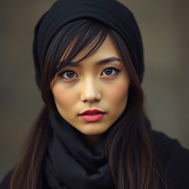 Create a portrait of a young Vietnamese woman with long, dark hair and captivating hazel eyes. She is wearing a black headscarf and a matching scarf draped gracefully around her neck. The background is softly blurred, focusing attention on her serene and natural expression. The overall color palette is muted and warm, enhancing the intimate and authentic feel of the portrait.