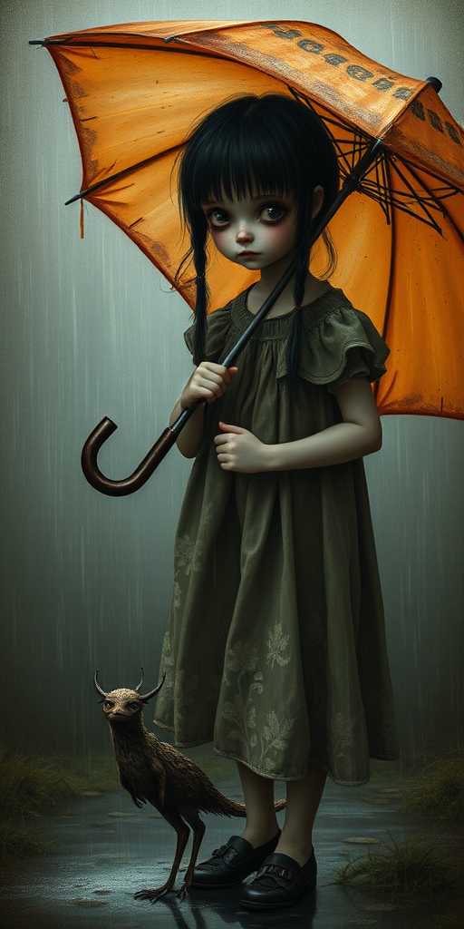 An eerie, weird little girl with dark hair in thin pigtails, wearing a smock dress, standing in the rain, holding a dirty orange umbrella, a small, odd creature beside her. In a surreal style inspired by Nicoletta Ceccoli and Brian Froud. Dark fantasy themes