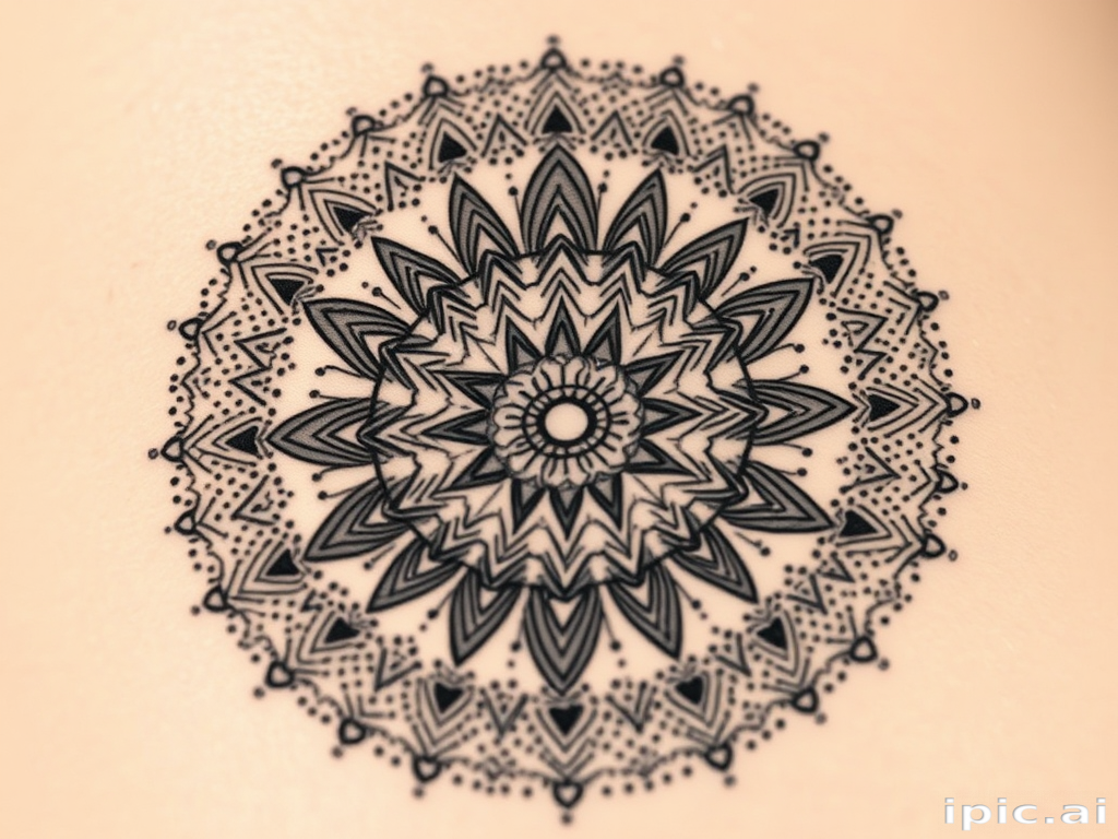 Dotwork mandala tattoo called "Cosmic Balance" using thousands of tiny dots to create intricate patterns and shading forming a symmetrical circular design inspired by spiritual and meditative practices