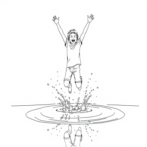 Create a minimalist line drawing of a joyful person jumping into a puddle with arms raised, captured in high resolution using a DSLR camera, 50mm lens, f/2.8 aperture, ISO 100, shot from a low angle to emphasize the splash.
