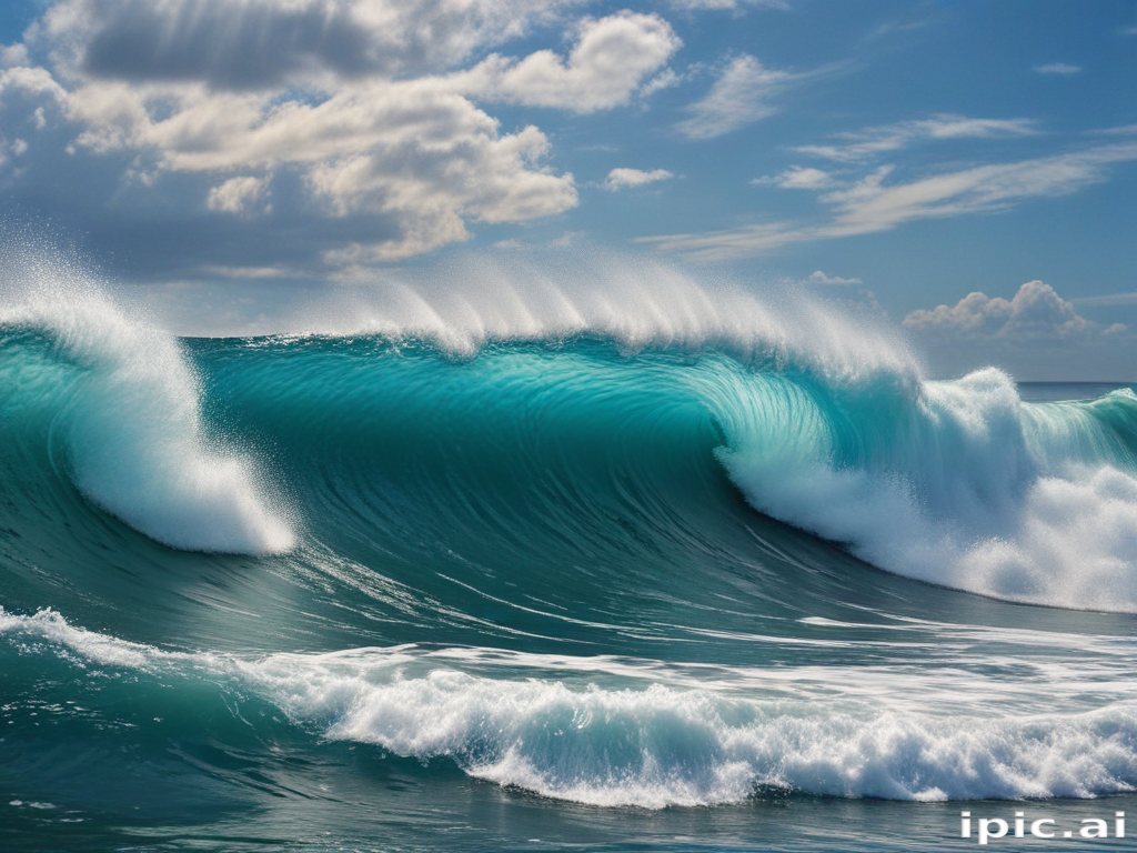 Majestic Ocean Waves Crashing Under a Bright Blue Sky with Clouds