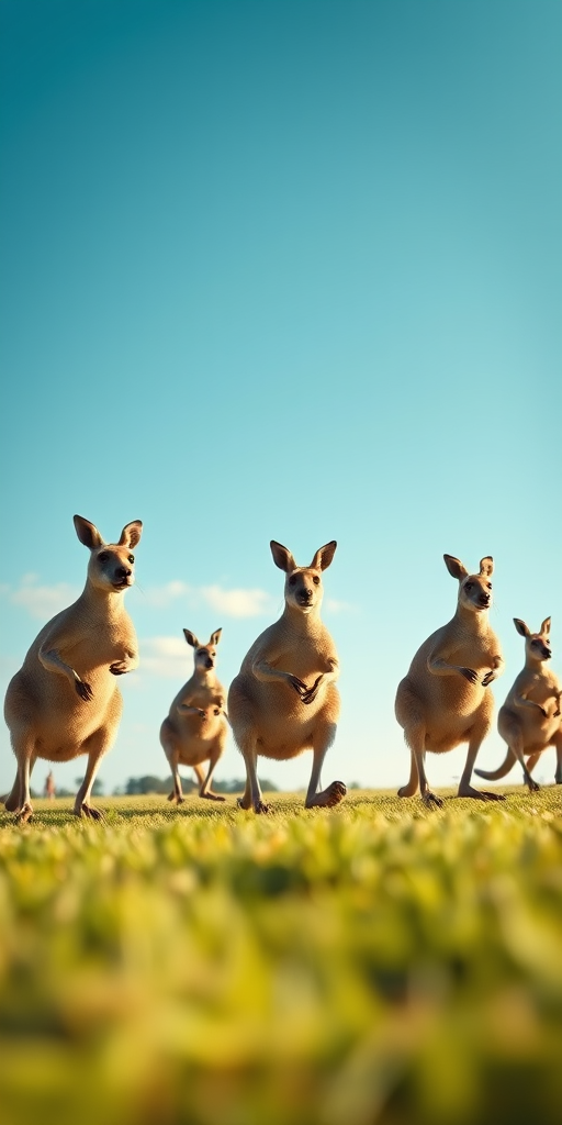 create a 3D render of a group of kangaroos hopping across a grassy field under a blue sky with soft shadows, using a Canon EOS R5 with a 24mm lens, aperture f/8, ISO 100, and a focal length of 24mm for enhanced clarity and depth.