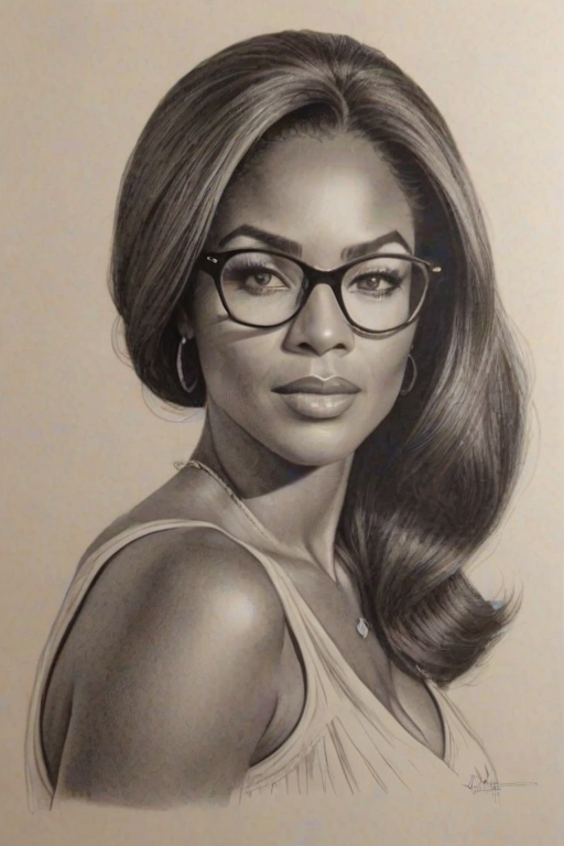 Exquisite Kenya Moore, pencil sketch, portrait of Enchanting woman 1967s in glasses, hair style beatnik, outline, clear lines, fine lines, 8k