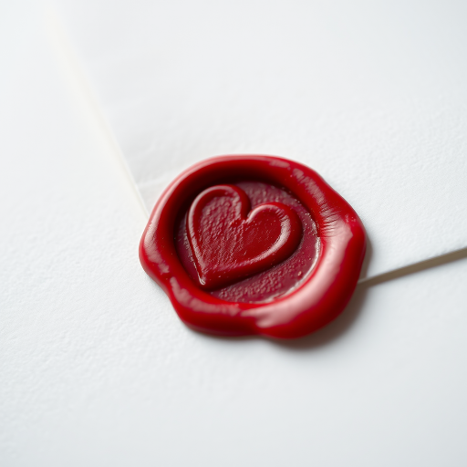 Create a highly detailed image of a white envelope with a red wax seal in the shape of a heart, shot in close-up with a 50mm lens, aperture at f/1.8 for shallow depth of field, soft lighting to enhance texture, using a DSLR camera for high resolution and clarity.