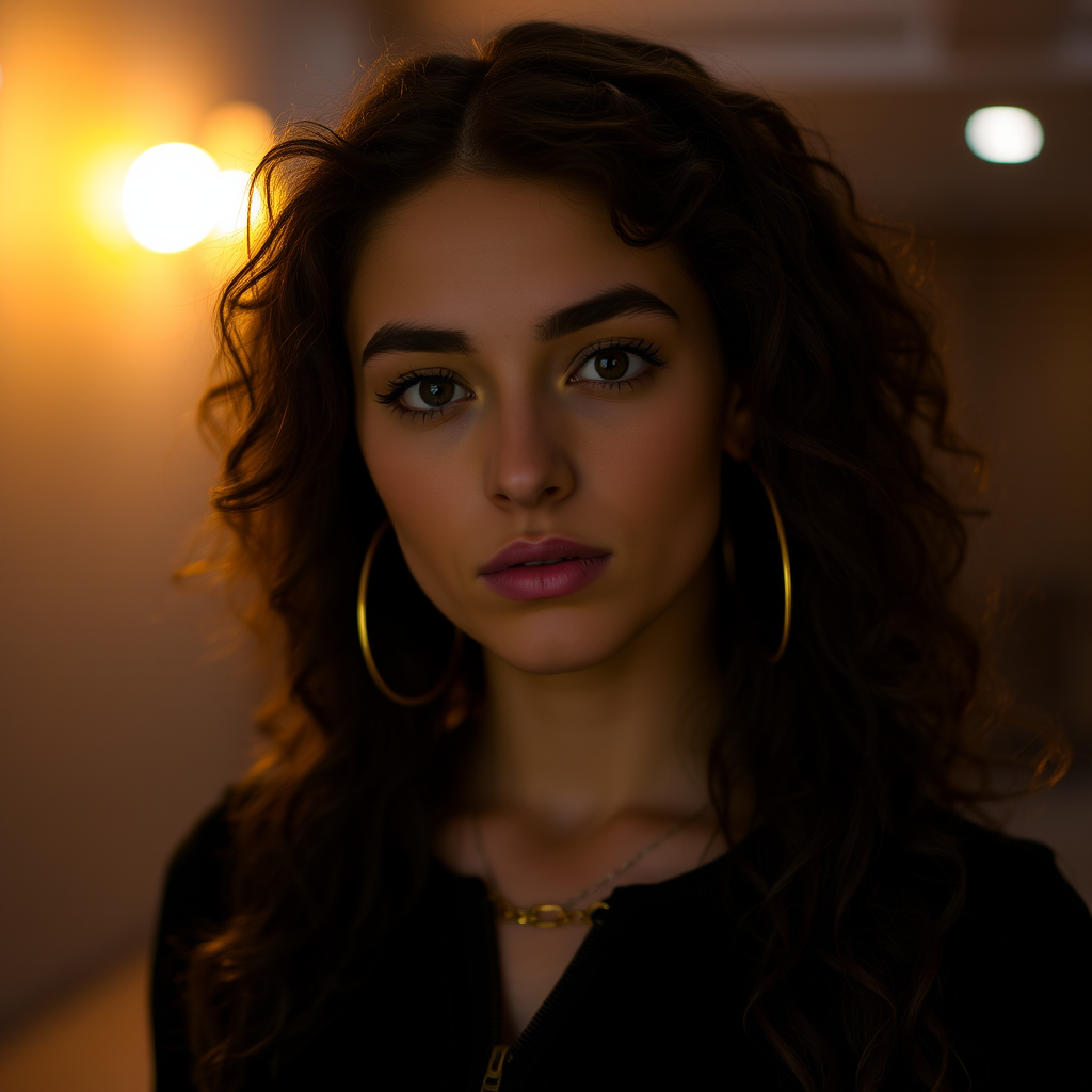 A young woman with long, curly brown hair is looking directly at the viewer. She is wearing a black top with a zipper down the front. The setting is a dimly lit interior space, with a warm, golden light emanating from the background. Her expression is neutral, with a hint of seriousness. The image is a close-up portrait with a shallow depth of field, focusing on the woman's face and torso. The background is blurred, creating a soft and intimate atmosphere.  She is wearing large gold hoop earrings, and a small gold chain is visible around her neck.  Her makeup is natural and simple, highlighting her brown eyes. The lighting creates subtle shadows that accentuate her features.  Her skin is smooth and glows in the soft light. The composition is balanced, with the woman's face positioned in the center of the frame.  The image is focused on capturing her beauty and confidence.