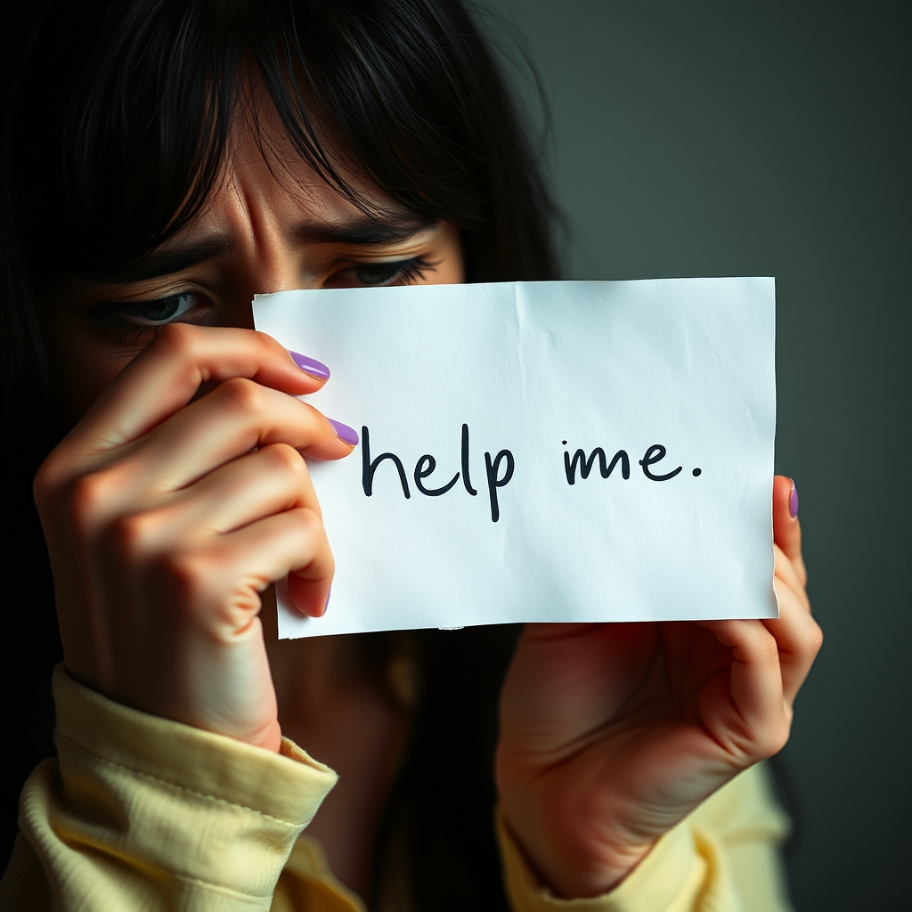 crying woman holding a note which says "help me"