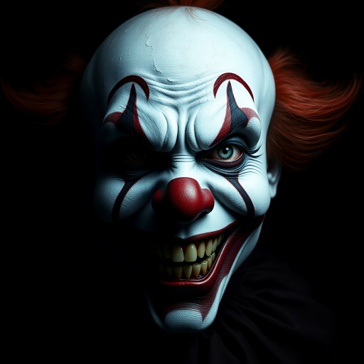Create a hyper-realistic, dark, and eerie clown with a sinister smile, set against a black background. The clown should have exaggerated makeup with sharp, contrasting colors to enhance its menacing appearance. The overall atmosphere should be unsettling and intense, capturing a sense of horror and suspense